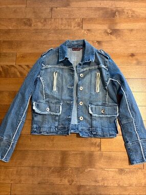 Vintage Frayed Nevada Blue Denim Jacket Cropped with Button Front